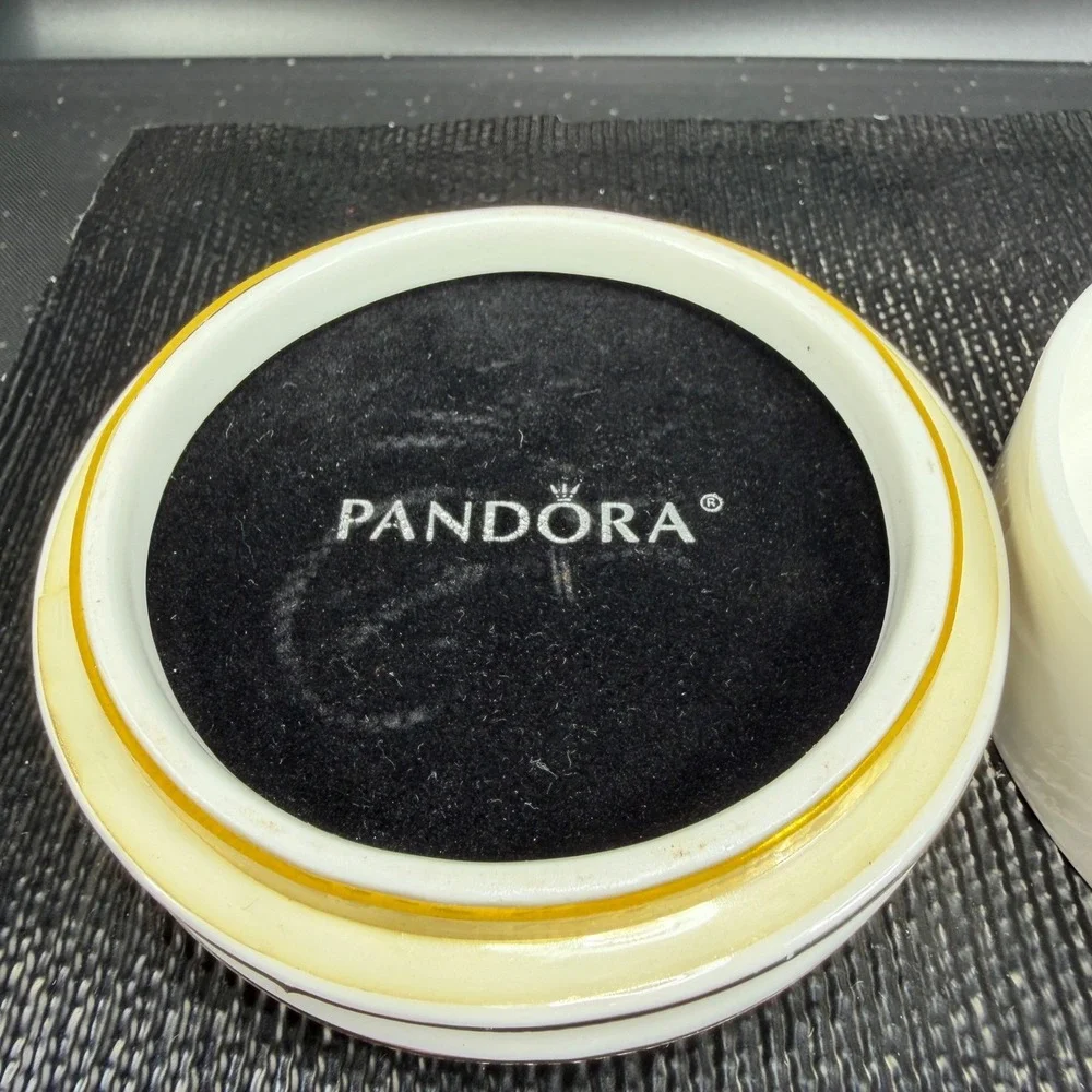 Pandora White Ceramic Round Jewelry Box Black Velvet Lining Lattice Lid 4 Inch